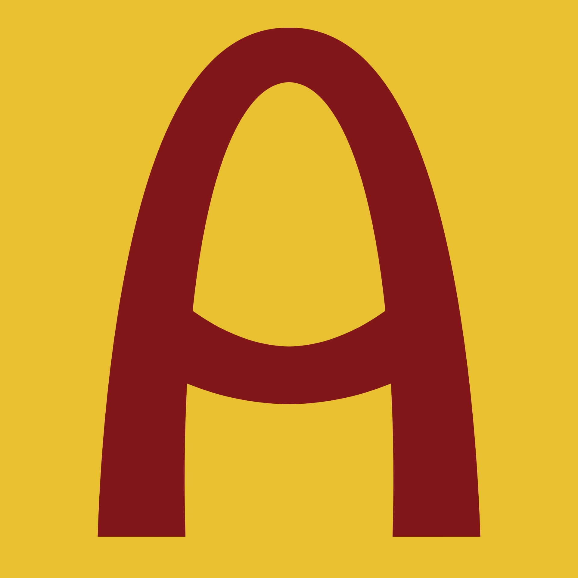 A dark red logo on a bright yellow background. The logo is a letter A made of a rounded arch which tapers towards its top.